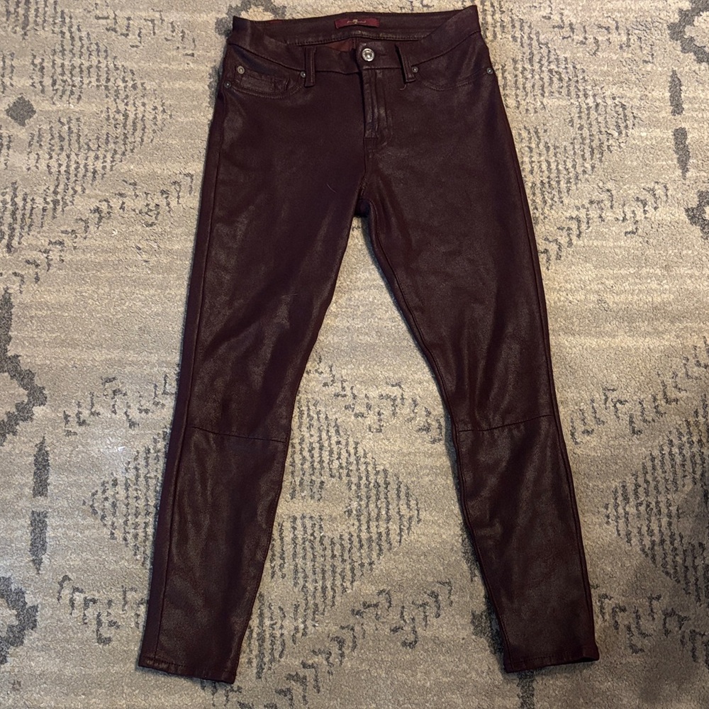 7 For All Mankind Coated Skinny Jeans | Burgundy Faux-Leather Look | Size 25